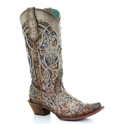 Pre-owned Corral Boots Corral Ladies Taupe Glitter Inlay & Studs Snip Toe Boots C3409 In Brown
