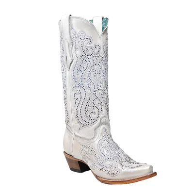 Pre-owned Corral Boots Corral Ladies White Embroidery & Crystals Snip Toe Western Boots C4103