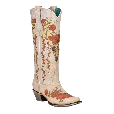 Pre-owned Corral Boots Corral Ladies White Floral & Deer Embroidery Snip Toe Boots A4186
