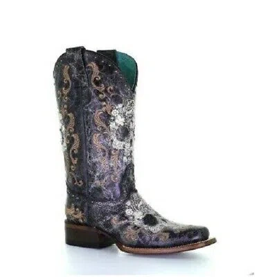 Pre-owned Corral Boots Corral Ladies White Floral Skull & Studs Black Leather Boots Z5005