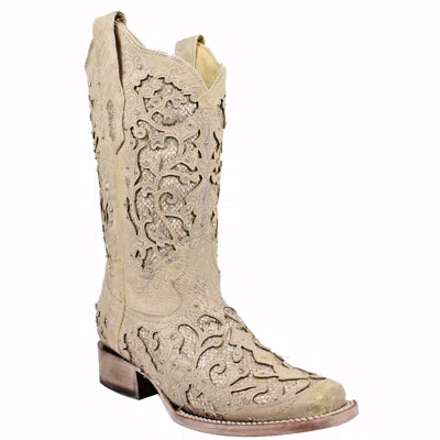 Pre-owned Corral Boots Corral Ladies White Glitter Inlay/crystals Square Wedding Boot A3397