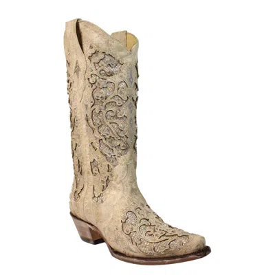 Pre-owned Corral Boots Corral Ladies White Glitter Inlay/crystals Wedding Boot A3322