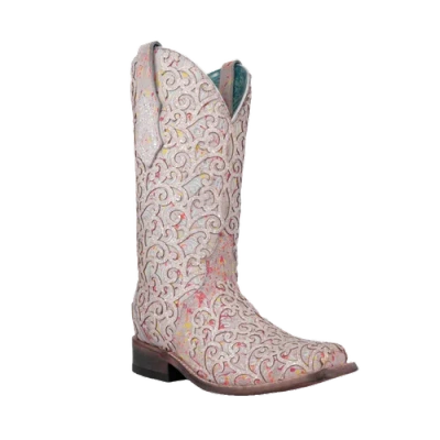 Pre-owned Corral Boots Corral Ladies White Glitter Overlay Neon Black Light Boots C4062