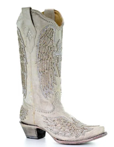 Pre-owned Corral Boots Corral Ladies White Glitter Wing & Cross Studded Boots A3571