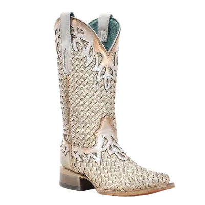 Pre-owned Corral Boots Corral Ladies Woven Overlay White Glitter Western Boots A4524