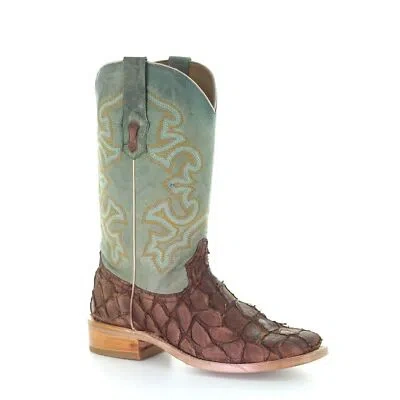 Pre-owned Corral Boots Corral Men's Brown & Turquoise Fish Embroidery Boots A4048