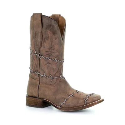 Pre-owned Corral Boots Corral® Men's Brown Woven Barbed Wire Design Square Toe Boots A3532