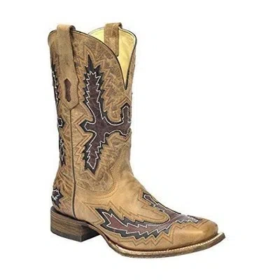 Pre-owned Corral Boots Corral Men's Tan With Brown Inlay Square Toe Cowboy Boots A3099
