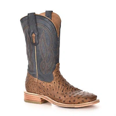 Pre-owned Corral Boots Corral Mens Cowboy Boots Ostrich Navy/orix Brown