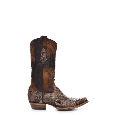 Pre-owned Corral Boots Corral Mens Embroidery Lamb Snip Toe Brown Python 12in Cowboy Boots