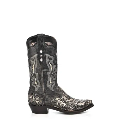 Pre-owned Corral Boots Corral Mens Inlay Embroidery Snip Toe Black Python 12.5in Cowboy Boots