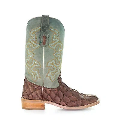 Pre-owned Corral Boots Corral Mens Pirarucu Cowboy Boots Leather Brown/turquoise
