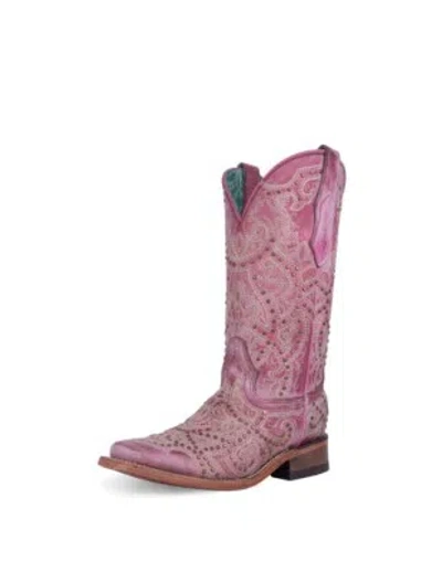 Pre-owned Corral Boots Corral Western Boots Womens Embroidery Studs Square Toe Pink C4042