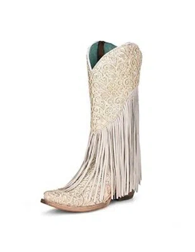 Pre-owned Corral Boots Corral Western Boots Womens Lamb Overlay Embroidery Fringe White C3955