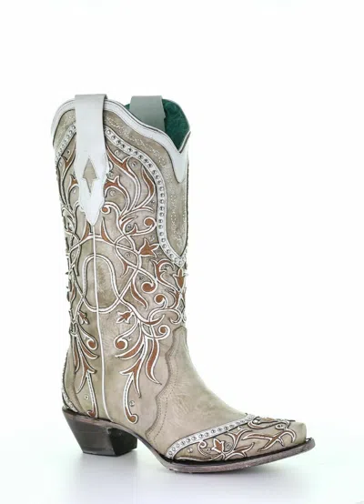 Pre-owned Corral Boots Corral White Overlay Embroidery W/ Studs And Crystals A3837