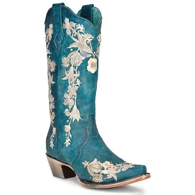 Pre-owned Corral Boots Corral Women's A4361 Navy Blue Studs & Floral Embroidery & Crystals Boots A4361