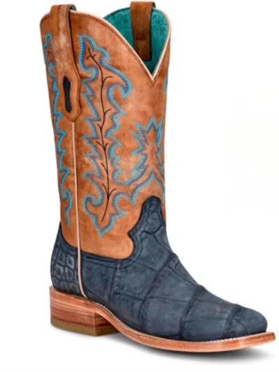 Pre-owned Corral Boots Corral Women's Alligator Square Toe Cowgirl Boots In Sand & Blue In Brown