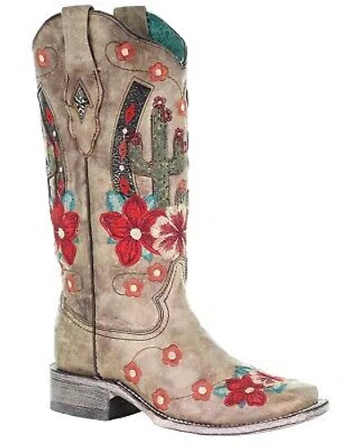 Pre-owned Corral Boots Corral Women's Cactus Floral Embroidery Overlay Western Boot Square Toe - A3769 In Brown