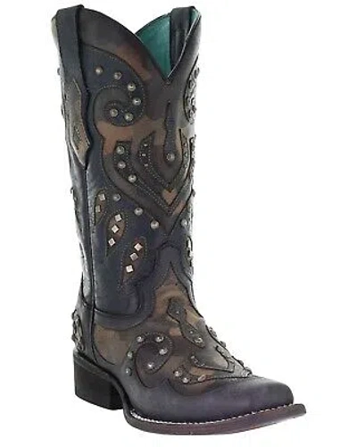 Pre-owned Corral Boots Corral Women's Camo Inlay With Studs Western Boot - Square Toe Black 9 1/2 M