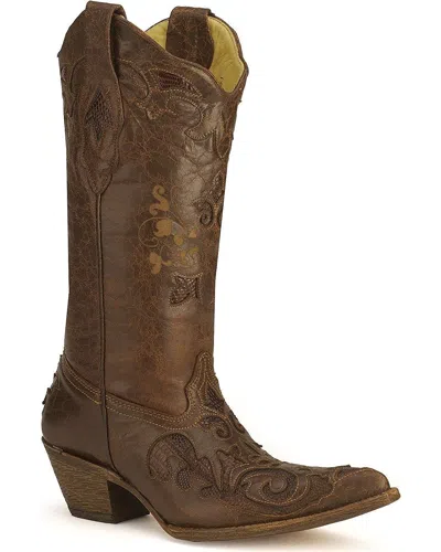 Pre-owned Corral Boots Corral Women's Chocolate Lizard Inlay Western Cowgirl Boot Pointed Toe - C2109