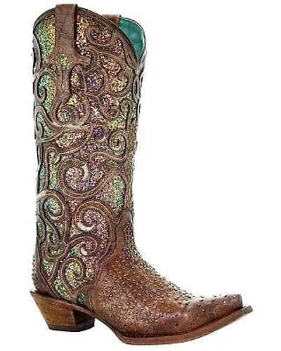 Pre-owned Corral Boots Corral Women's Cognac Glitter Inlay Western Boot - Snip Toe - C3467 In Brown