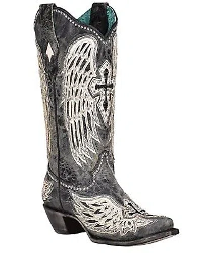 Pre-owned Corral Boots Corral Women's Cross And Wings Overlay Western Boot - Snip Toe - A4232 In Black