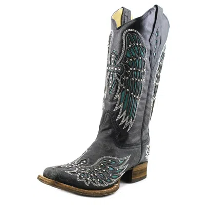 Pre-owned Corral Boots Corral Women's Crystal Cross Accent Leather Boot Black, Turquoise A1142