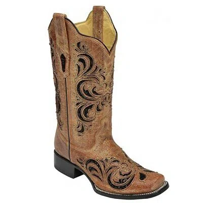 Pre-owned Corral Boots Corral Women's Distressed Cognac Sequin Studded Cowgirl Boot Square Toe - R1289