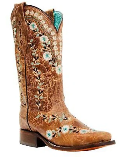 Pre-owned Corral Boots Corral Women's Floral Blacklight Western Boot - Square Toe - A4398 In Brown