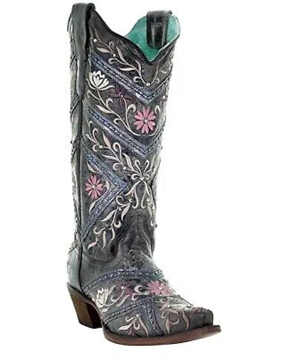Pre-owned Corral Boots Corral Women's Floral Embroidery And Rhinestones Western Boot - Snip Toe - E1482 In Black