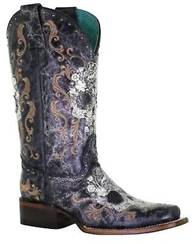 Pre-owned Corral Boots Corral Women's Floral Skull Embroidery And Studs Western Boot Square Toe - Z5005 In Black/white