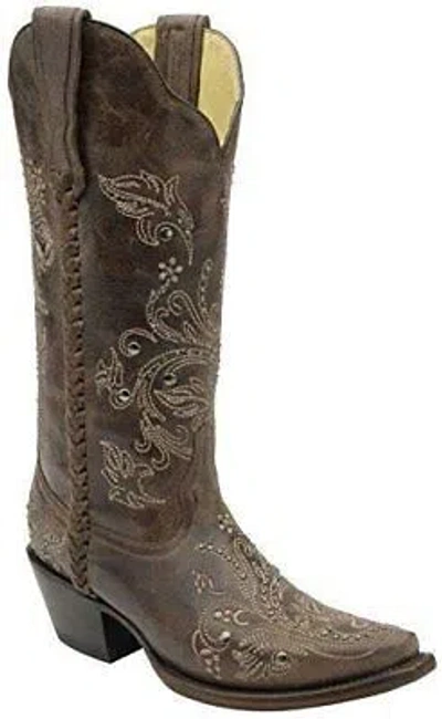 Pre-owned Corral Boots Corral Women's Floral Whip Stitch Studded Cowgirl Boot Snip Toe - G1129 In Chocolate
