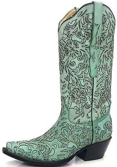 Pre-owned Corral Boots Corral G1387 Turquoise Embroidered Laser Cut Snip Toe Boots In Blue