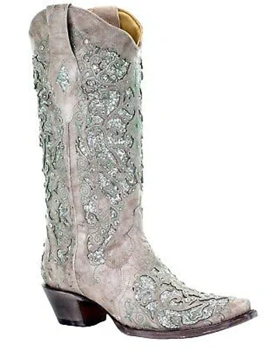 Pre-owned Corral Boots Corral Women's Glitter Inlay And Crystals Boot - Snip Toe - A3321 In White