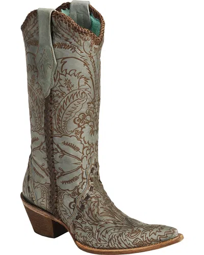Pre-owned Corral Boots Corral Women's Hand Tooled Turquoise Distressed Cowgirl Boot Pointed Toe - C1060