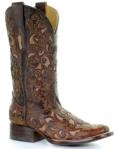 Pre-owned Corral Boots Corral Women's Inlay And Stud Accents Boot - Square Toe - A3326 In Brown