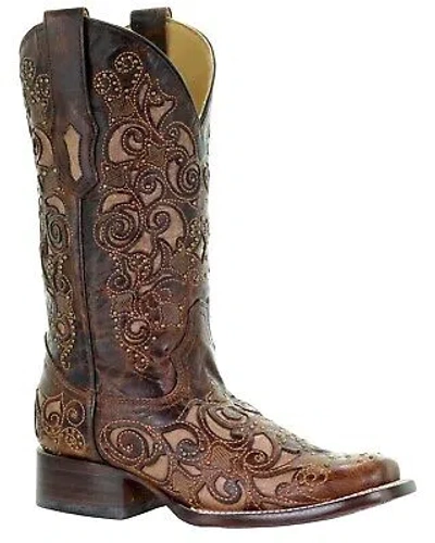 Pre-owned Corral Boots Corral Women's Inlay And Stud Accents Boot - Square Toe - A3326 In Brown