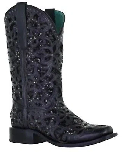 Pre-owned Corral Boots Corral Women's Inlay Embroidered And Stud Cowgirl Boot - Square Toe - A4128 In Black