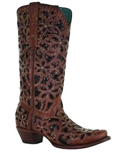 Pre-owned Corral Boots Corral Women's Inlay Western Boot - Snip Toe - A4083 In Black/tan