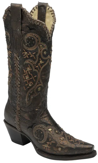Pre-owned Corral Boots Corral Women's Leather Laced And Studded Snip Toe Cowgirl Boots R1217 In Bronze