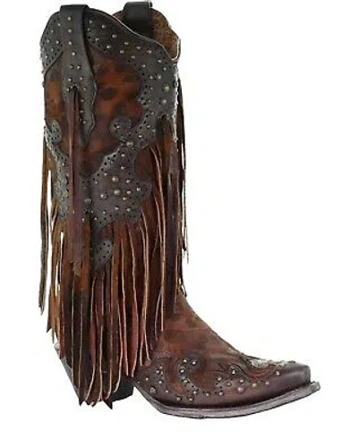 Pre-owned Corral Boots Corral Women's Leopard Stud And Fringe Western Boot - Snip Toe - A3618 In Yellow