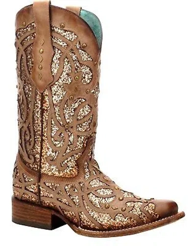 Pre-owned Corral Boots Corral Women's Orix Glitter Inlay And Studded Western Boot - Square Toe - C3275 In Brown