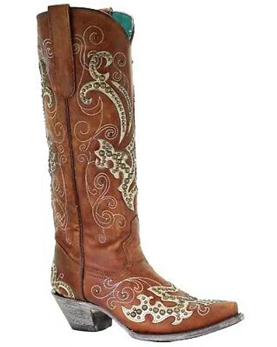 Pre-owned Corral Boots Corral Women's Studded Overlay Western Boot - Snip Toe - A3638 In Brown