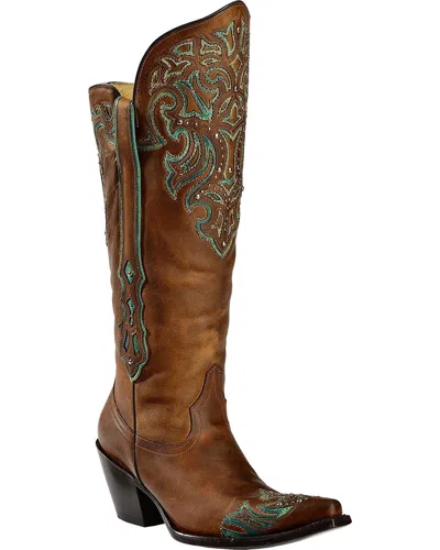 Pre-owned Corral Boots Corral Women's Tall Turquoise Studded Wingtip Cowgirl Boot Round Toe G1182 In Honey
