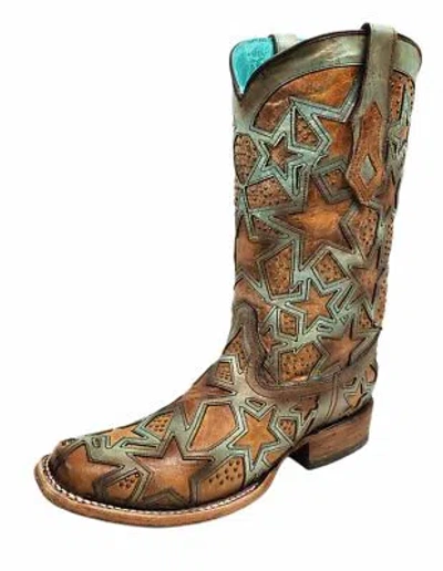 Pre-owned Corral Boots Corral Women's Turquoise/brown Stars Inlay Square Toe Boots C3519