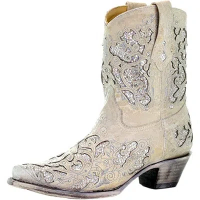 Pre-owned Corral Boots Corral Women's White Glitter Inlay & Crystals Ankle Boots (a3550-ld)