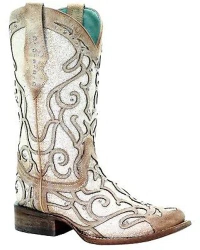 Pre-owned Corral Boots Corral Women's White Glitter Inlay Western Boot - Square Toe - C3482
