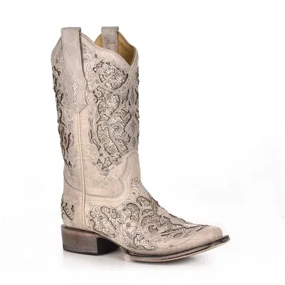 Pre-owned Corral Boots Corral Womens A3397 White Leather 11.5in Glitter Wedding Fashion Boots