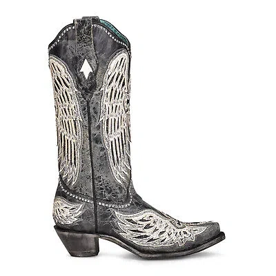 Pre-owned Corral Boots Corral Womens A4232 Black Leather 13in Winged Cross Cowboy Boots In Black/white