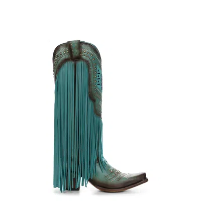 Pre-owned Corral Boots Corral Womens Crystal Embroidery Fringe Snip Turquoise Lamb 14in Cowboy Boots In Blue